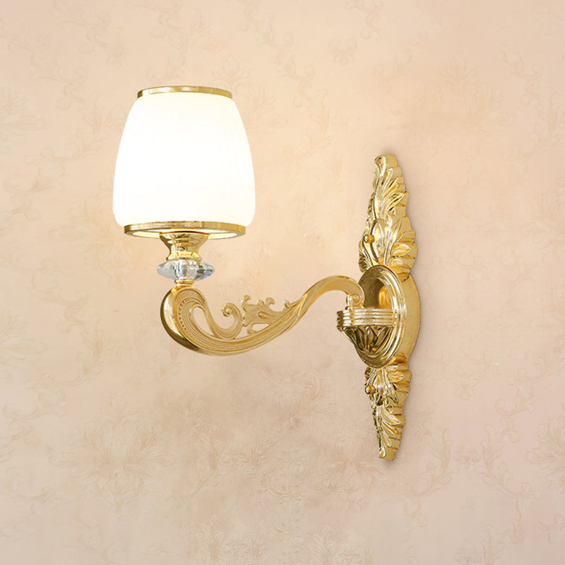 Gold Shaded Wall Lighting Simplicity Opal Glass Corridor Wall Light Fixture with Curved Arm