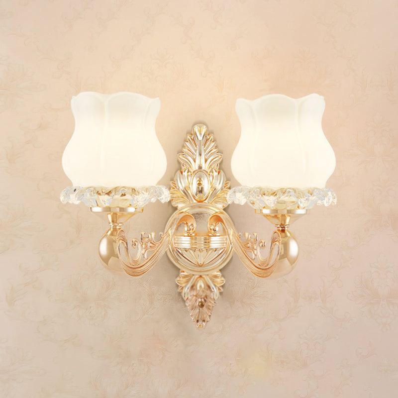 Gold Shaded Wall Lighting Simplicity Opal Glass Corridor Wall Light Fixture with Curved Arm