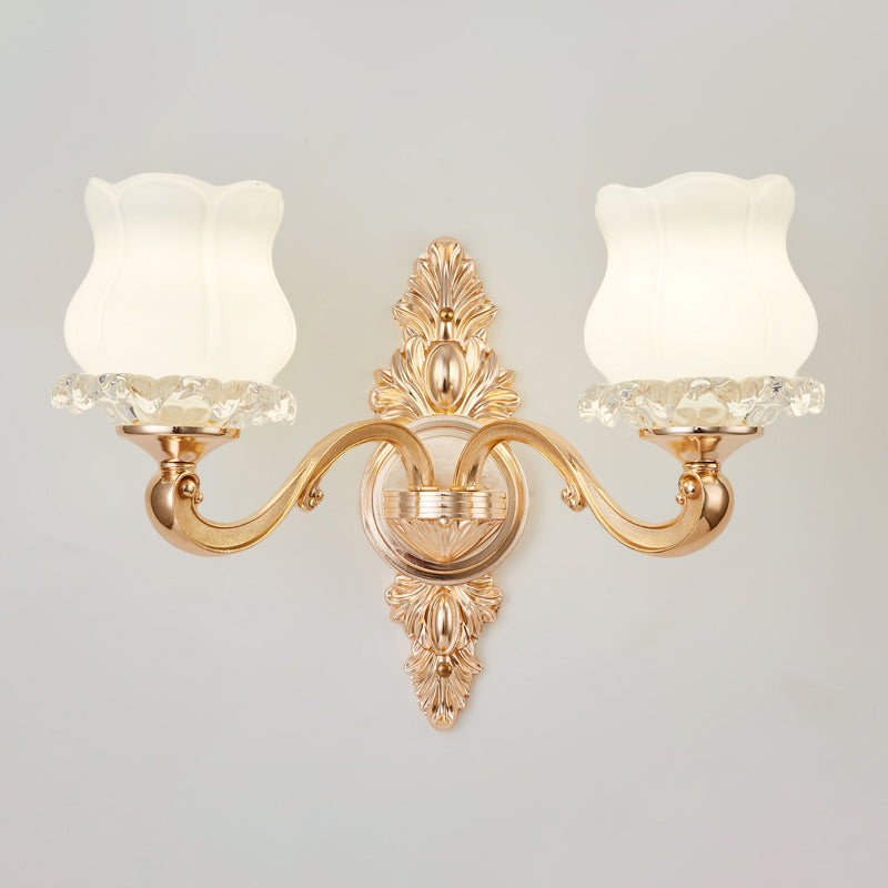 Gold Shaded Wall Lighting Simplicity Opal Glass Corridor Wall Light Fixture with Curved Arm