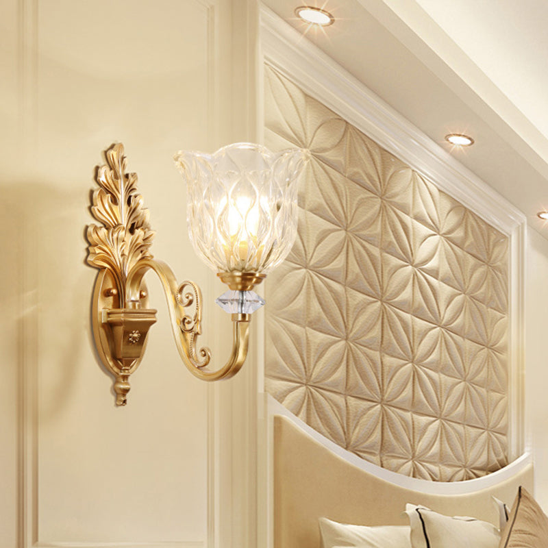Gold Wall Mount Light Traditional Carved Glass Ruffle Bell Wall Light Fixture for Corridor