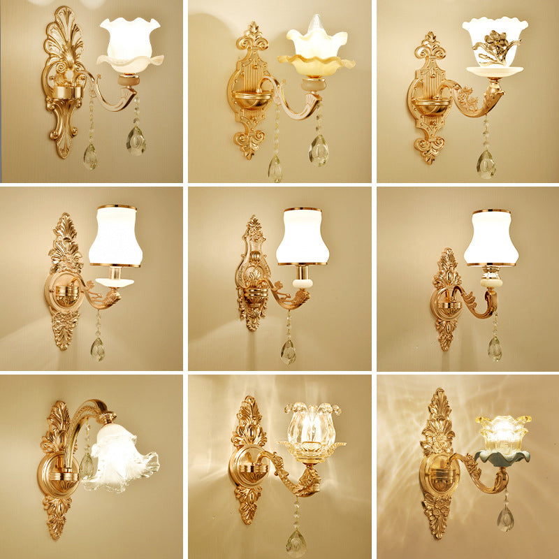 Gold Floral Wall Light Fixture Vintage Glass Living Room Wall Mounted Lamp with Crystal Accent
