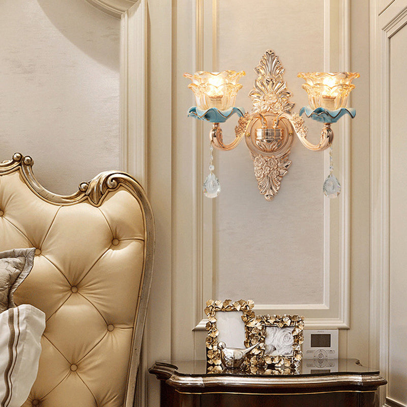 Gold Floral Wall Light Fixture Vintage Glass Living Room Wall Mounted Lamp with Crystal Accent