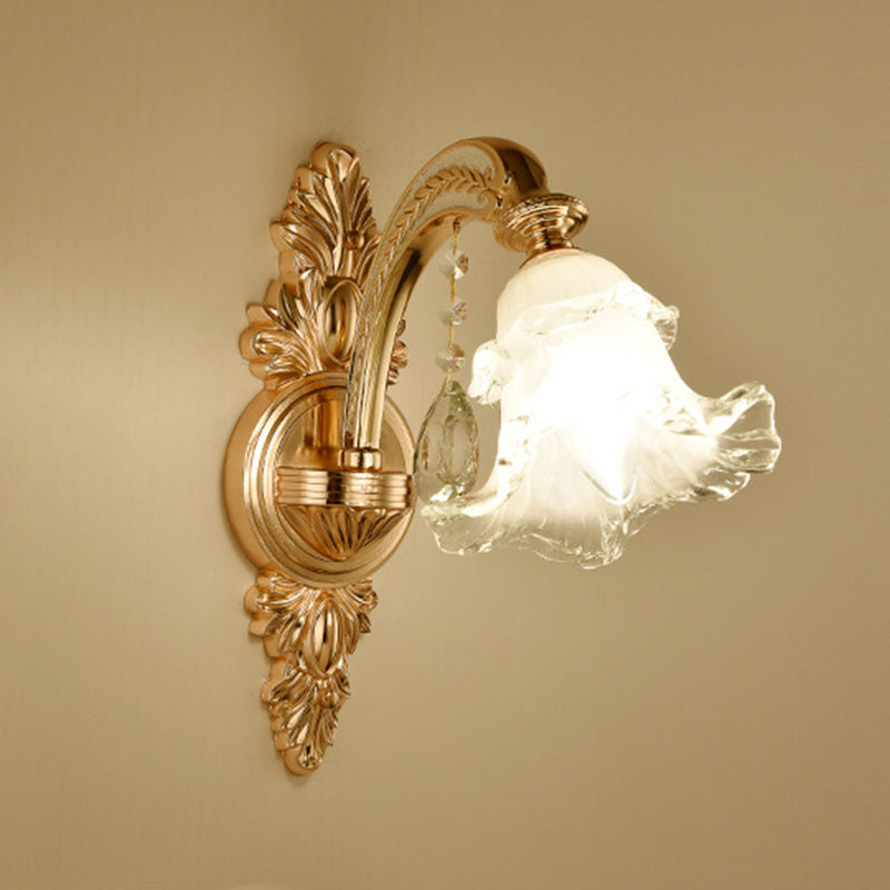 Gold Floral Wall Light Fixture Vintage Glass Living Room Wall Mounted Lamp with Crystal Accent