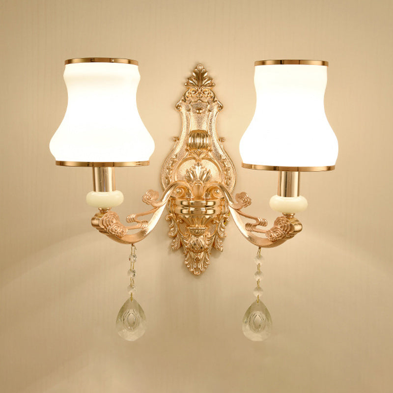 Gold Floral Wall Light Fixture Vintage Glass Living Room Wall Mounted Lamp with Crystal Accent