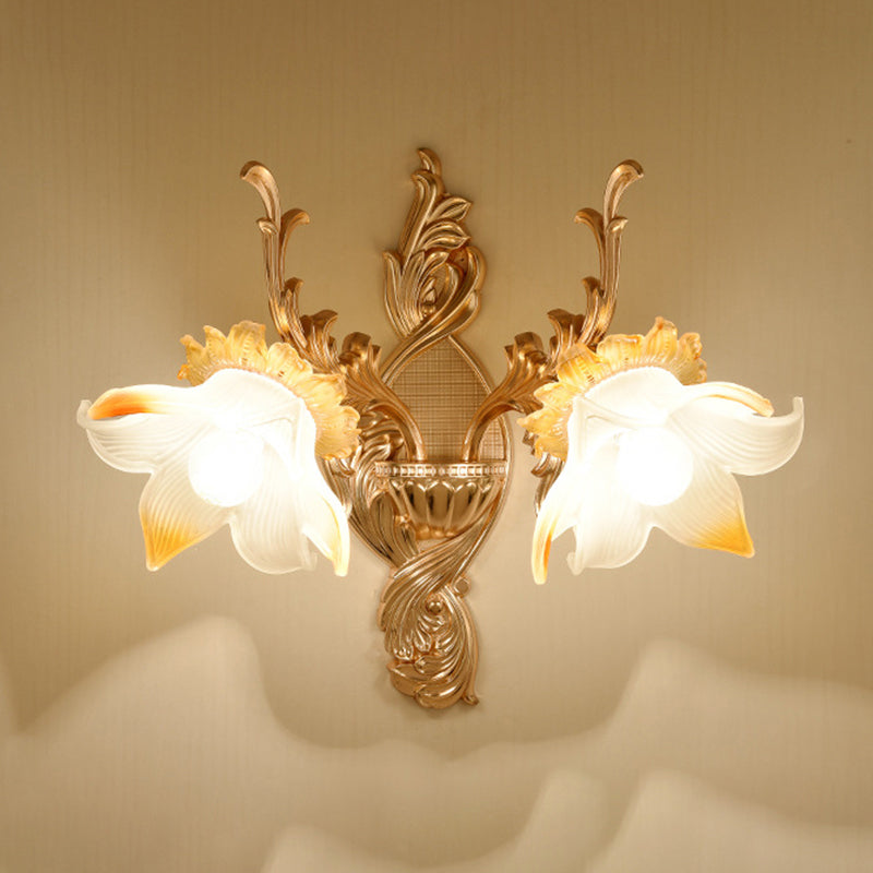 Gold Floral Wall Light Fixture Vintage Glass Living Room Wall Mounted Lamp with Crystal Accent