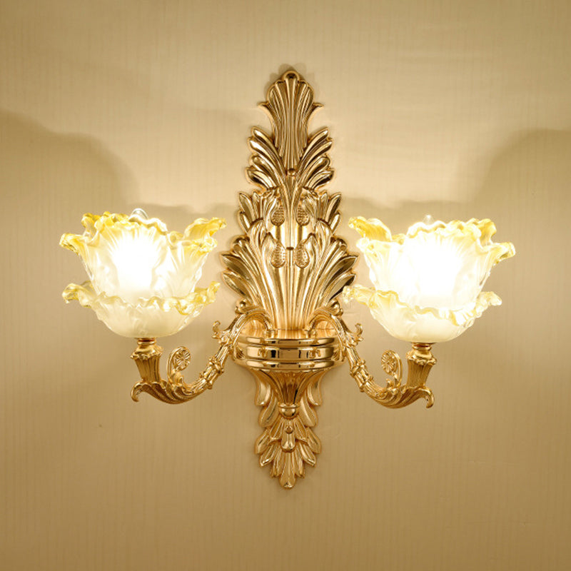 Gold Floral Wall Light Fixture Vintage Glass Living Room Wall Mounted Lamp with Crystal Accent
