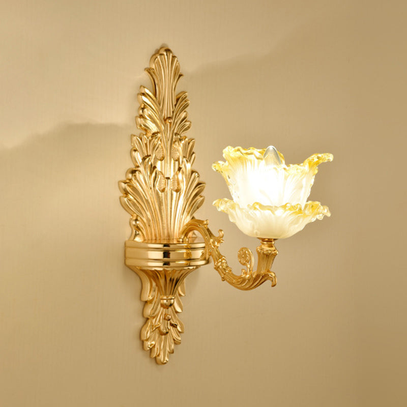 Gold Floral Wall Light Fixture Vintage Glass Living Room Wall Mounted Lamp with Crystal Accent