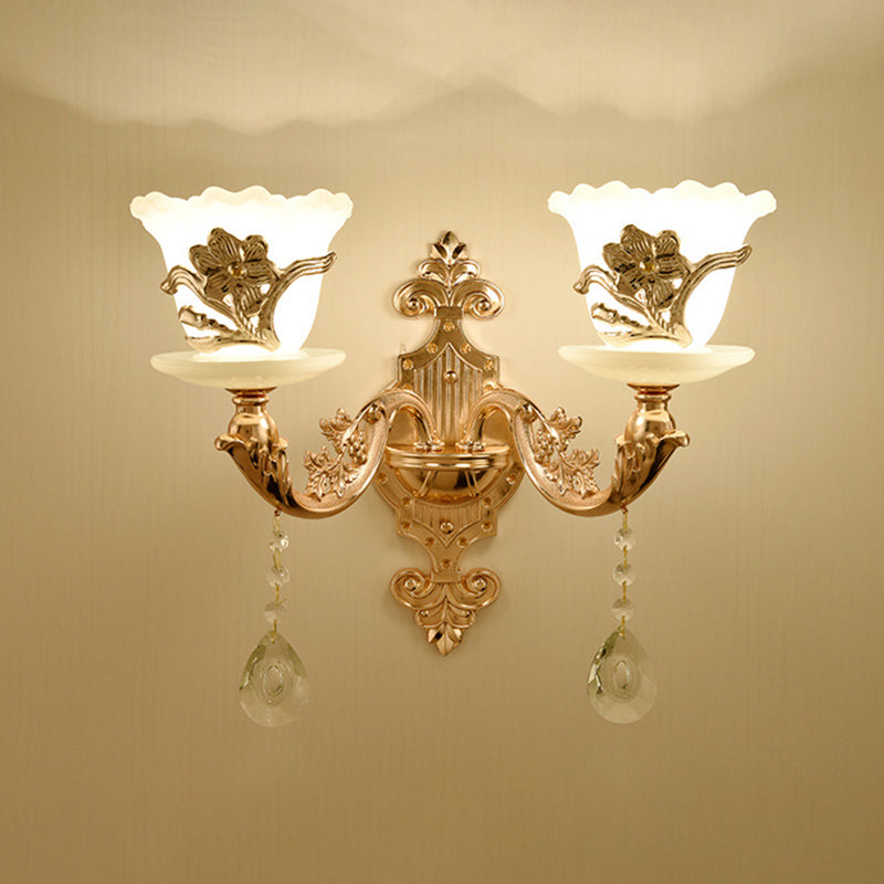 Gold Floral Wall Light Fixture Vintage Glass Living Room Wall Mounted Lamp with Crystal Accent