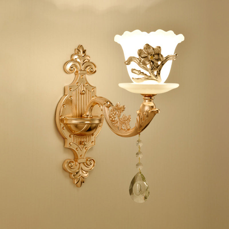 Gold Floral Wall Light Fixture Vintage Glass Living Room Wall Mounted Lamp with Crystal Accent