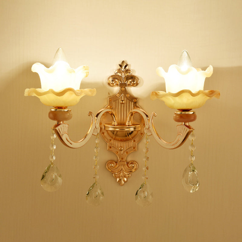 Gold Floral Wall Light Fixture Vintage Glass Living Room Wall Mounted Lamp with Crystal Accent