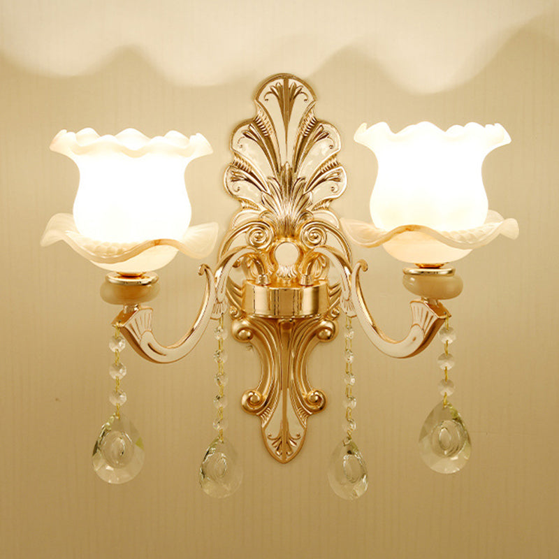 Gold Floral Wall Light Fixture Vintage Glass Living Room Wall Mounted Lamp with Crystal Accent