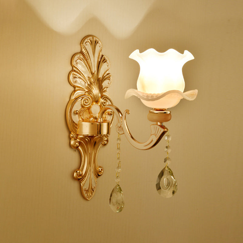 Gold Floral Wall Light Fixture Vintage Glass Living Room Wall Mounted Lamp with Crystal Accent