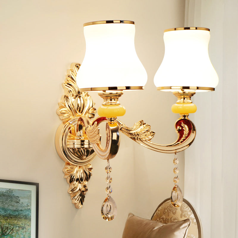 Frosted Glass Flower Wall Mount Light Traditional Corridor Wall Light Fixture with Crystal Draping in Gold