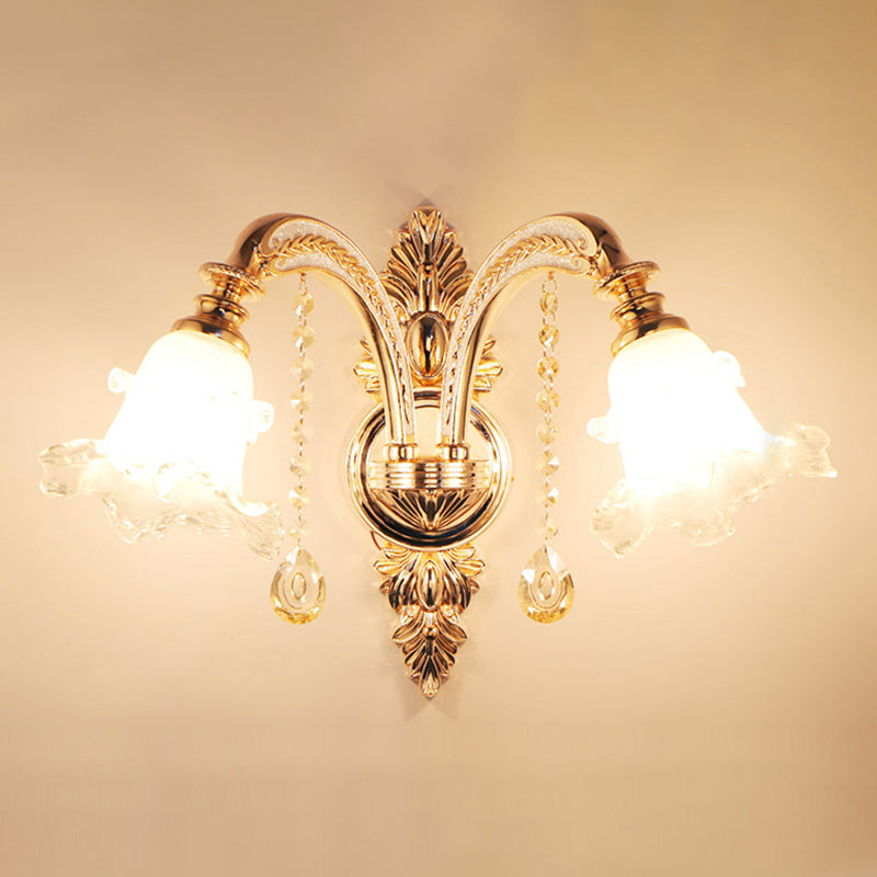 Frosted Glass Flower Wall Mount Light Traditional Corridor Wall Light Fixture with Crystal Draping in Gold