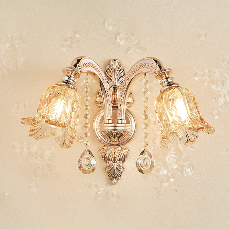 Applique murale dorée simplicité crème verre fleur applique murale avec drapé en cristal