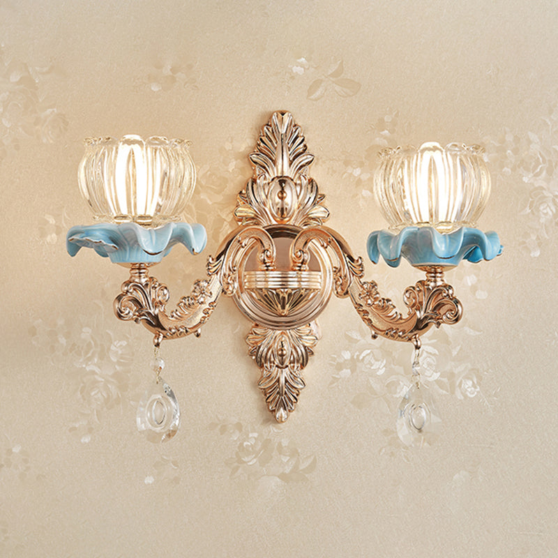 Applique murale dorée simplicité crème verre fleur applique murale avec drapé en cristal
