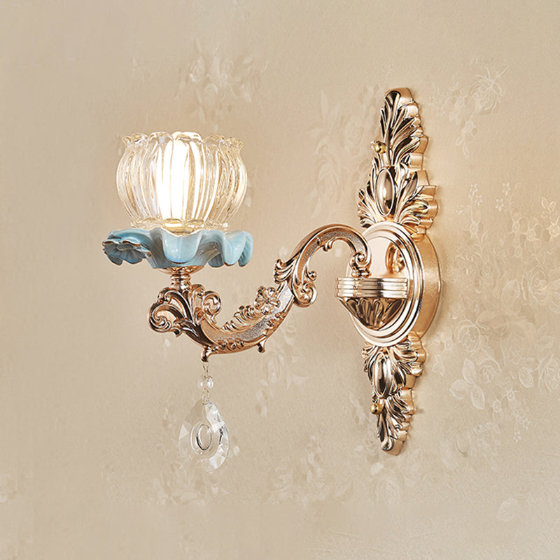 Applique murale dorée simplicité crème verre fleur applique murale avec drapé en cristal