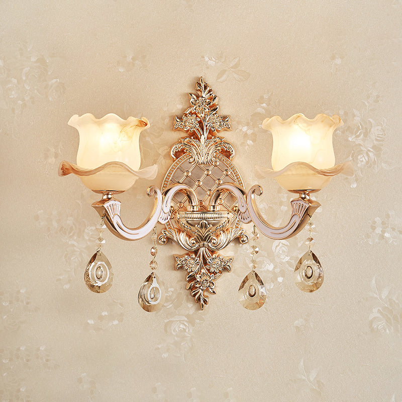 Applique murale dorée simplicité crème verre fleur applique murale avec drapé en cristal