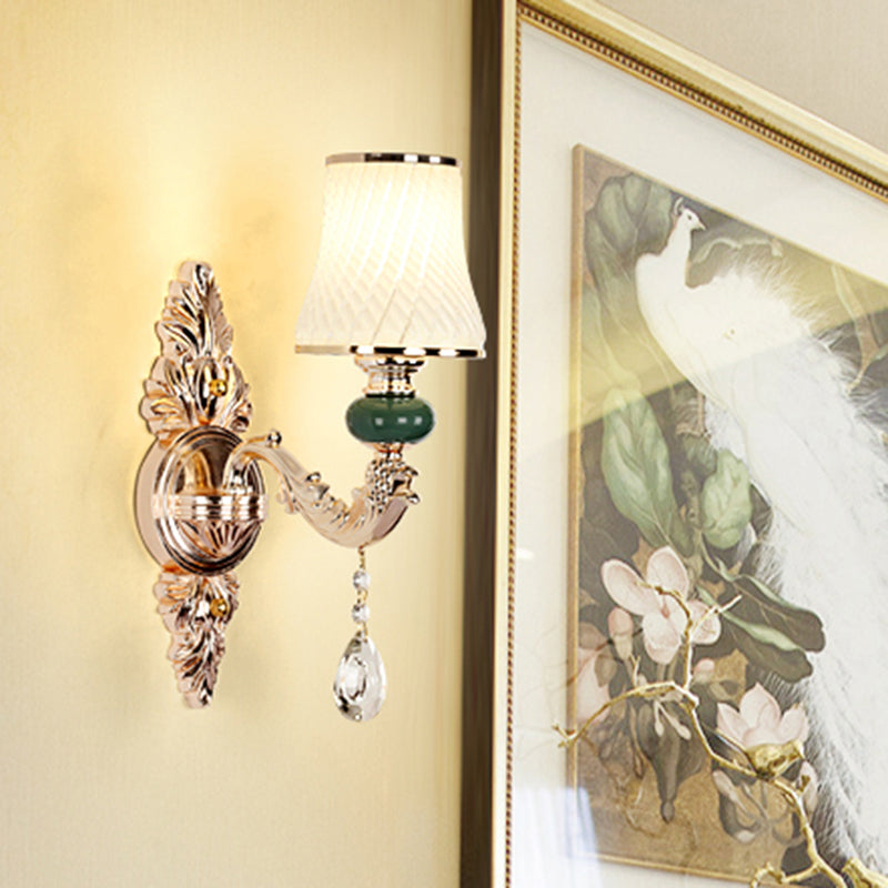 Traditional Tapered Wall Mount Light Textured Glass Wall Light Fixture with Hanging Crystal in Gold