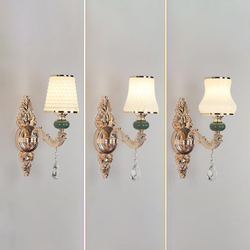 Traditional Tapered Wall Mount Light Textured Glass Wall Light Fixture with Hanging Crystal in Gold
