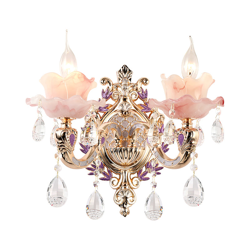 Gold Floral Ruffle Wall Lamp Retro Pink Glass Living Room Wall Light Fixture with Hanging Crystal