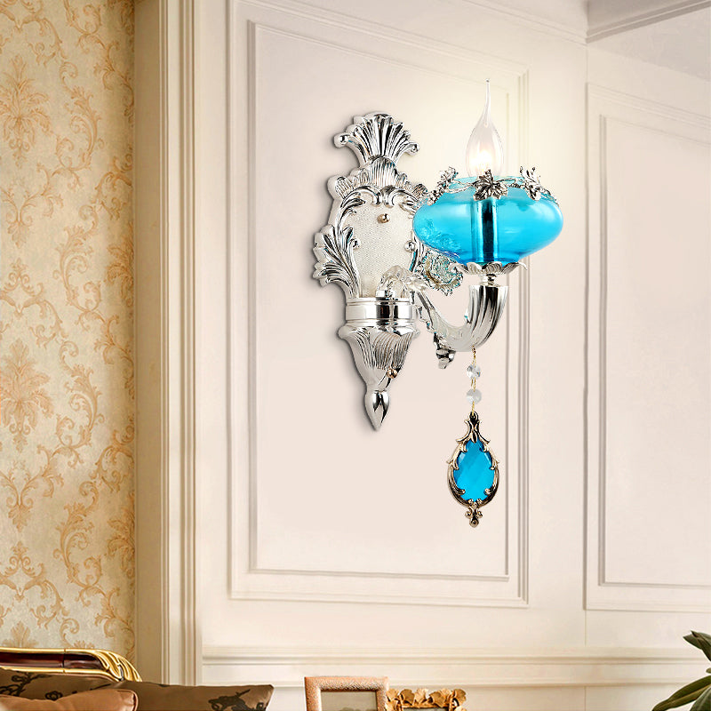Oblate Blue Glass Wall Light Fixture Vintage Corridor Wall Mounted Lamp with Crystal Accent in Silver