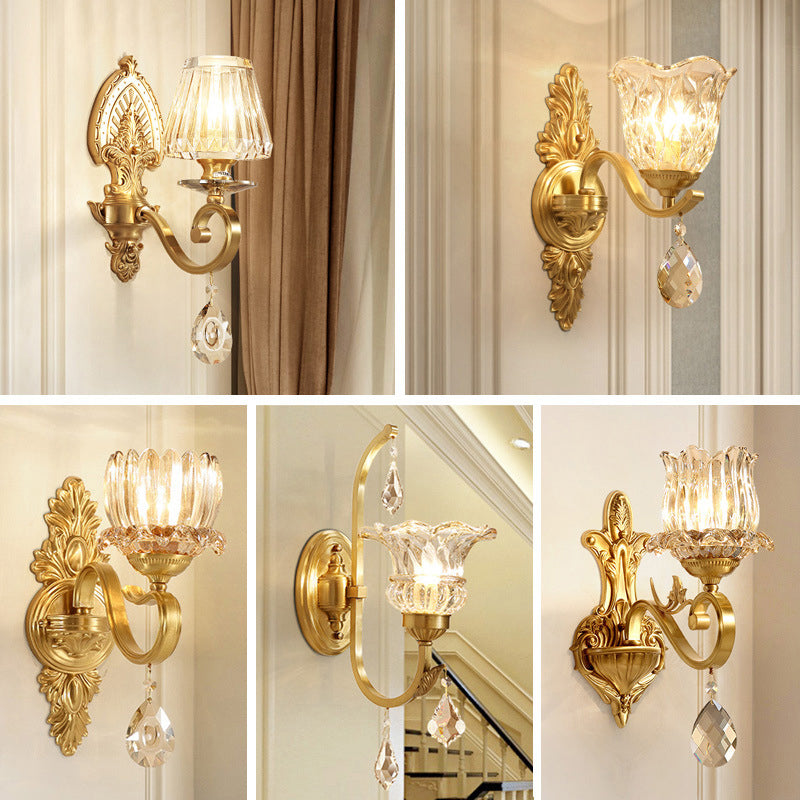 Floral Corridor Wall Mount Light Minimalism Handblown Glass Gold Wall Lighting with Hanging Crystal