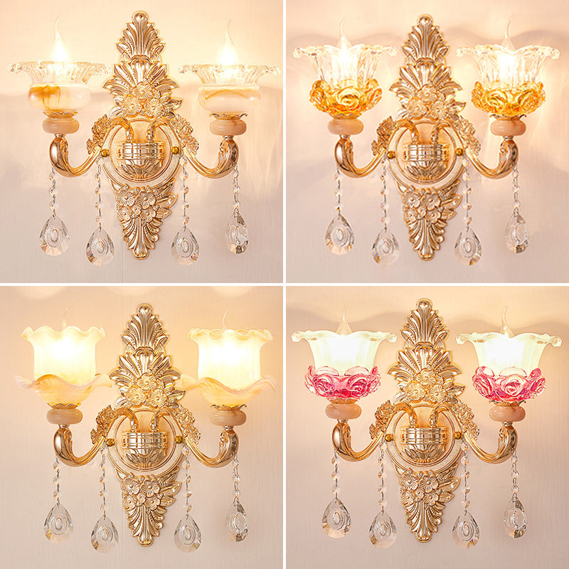 Gold Floral Ruffle Wall Mount Light Traditional Glass Corridor Wall Light Fixture with Crystal Accent