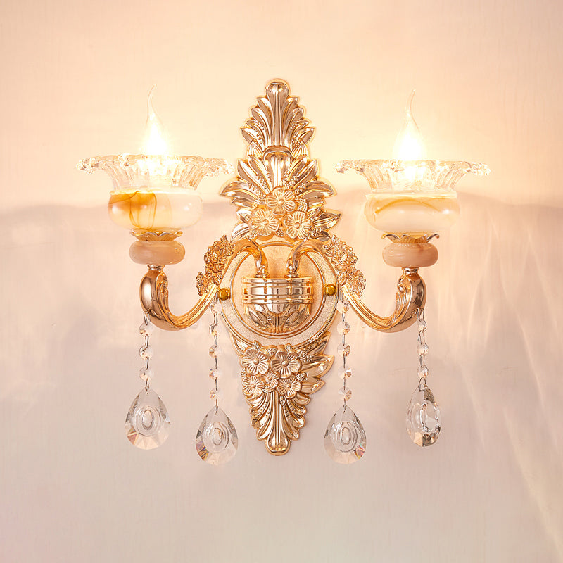 Gold Floral Ruffle Wall Mount Light Traditional Glass Corridor Wall Light Fixture with Crystal Accent
