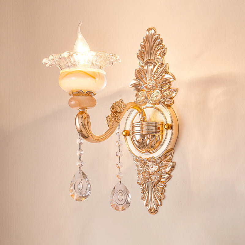 Gold Floral Ruffle Wall Mount Light Traditional Glass Corridor Wall Light Fixture with Crystal Accent