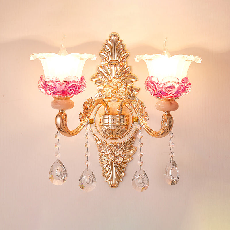 Gold Floral Ruffle Wall Mount Light Traditional Glass Corridor Wall Light Fixture with Crystal Accent