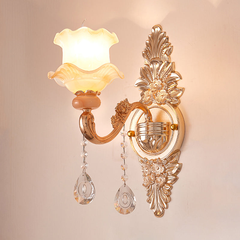 Gold Floral Ruffle Wall Mount Light Traditional Glass Corridor Wall Light Fixture with Crystal Accent
