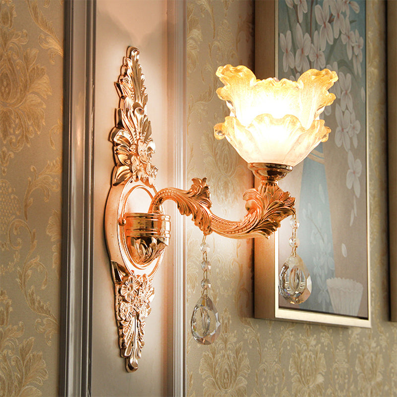 Gold Wall Light Fixture Vintage Frosted Glass Ruffle Flower Wall Mounted Lamp with Hanging Crystal