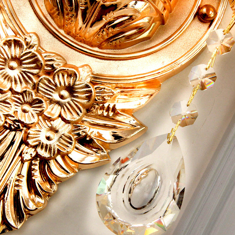 Gold Wall Light Fixture Vintage Frosted Glass Ruffle Flower Wall Mounted Lamp with Hanging Crystal
