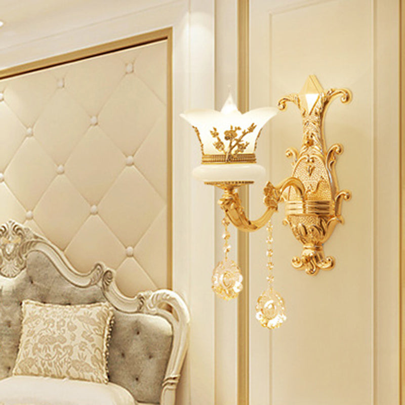 Imitation Jade Gold Wall Mount Light Bud Traditional Wall Light Fixture with Crystal Draping