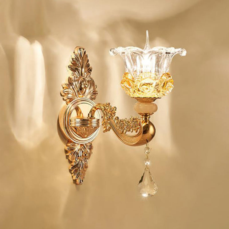 Imitation Jade Gold Wall Mount Light Bud Traditional Wall Light Fixture with Crystal Draping