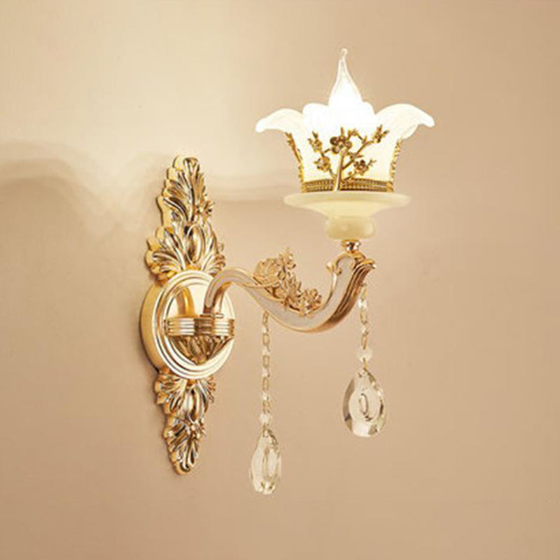 Imitation Jade Gold Wall Mount Light Bud Traditional Wall Light Fixture with Crystal Draping