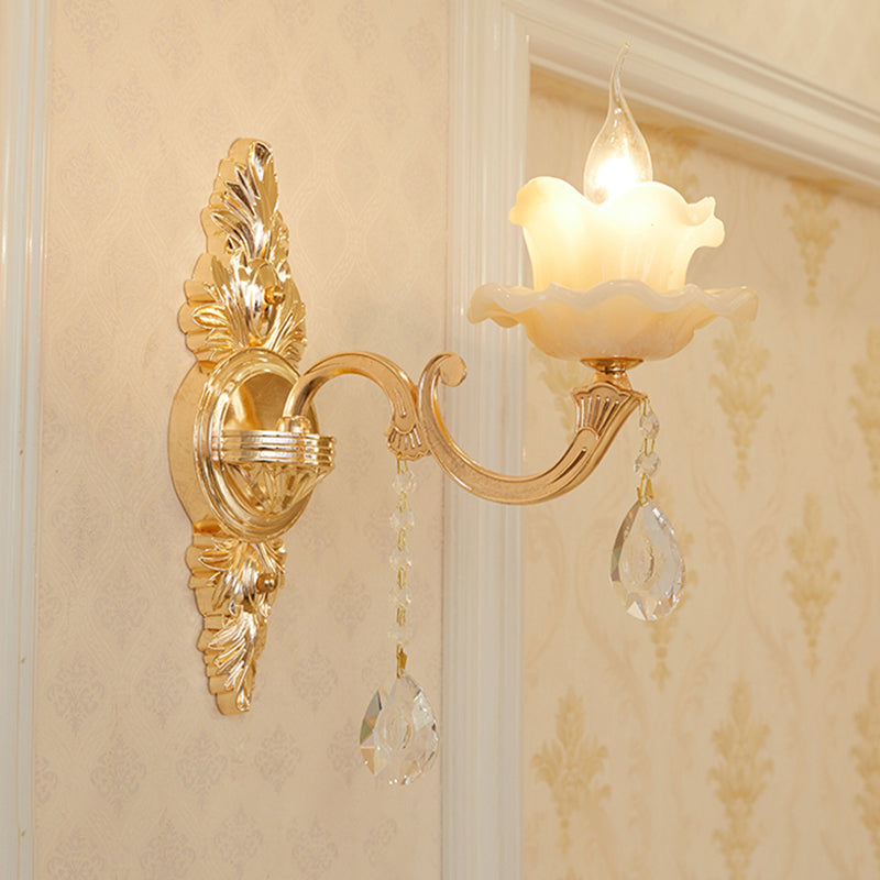 Weathered Zinc Shaded Wall Light Vintage Imitation Jade Corridor Wall Mounted Lamp with Crystal Accent