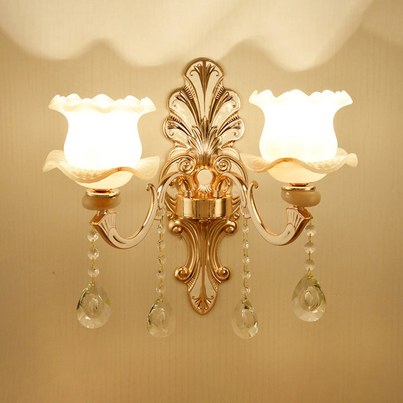 Gold Wall Mount Light Retro Glass Floral Shade Wall Lighting with Hanging Crystal
