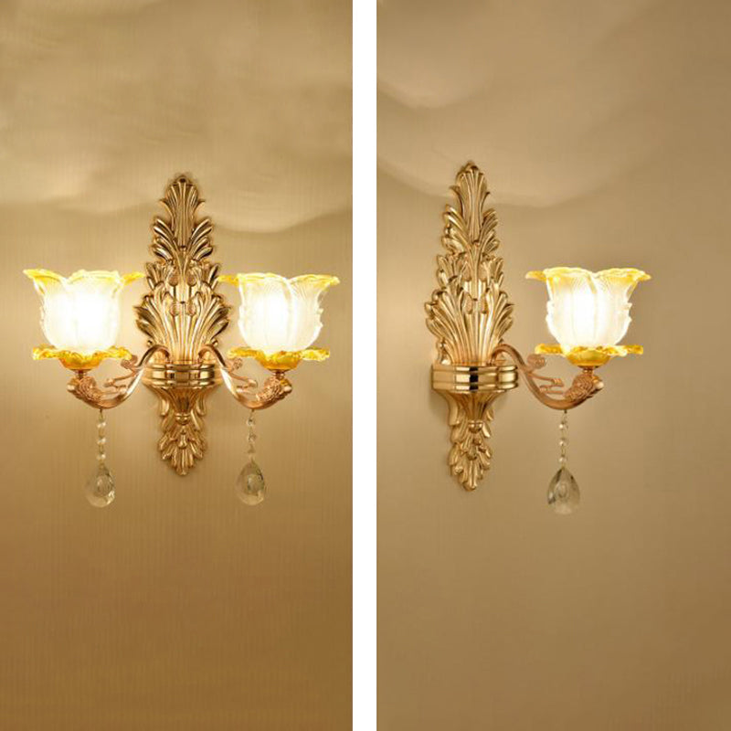 Gold Wall Mount Light Retro Glass Floral Shade Wall Lighting with Hanging Crystal