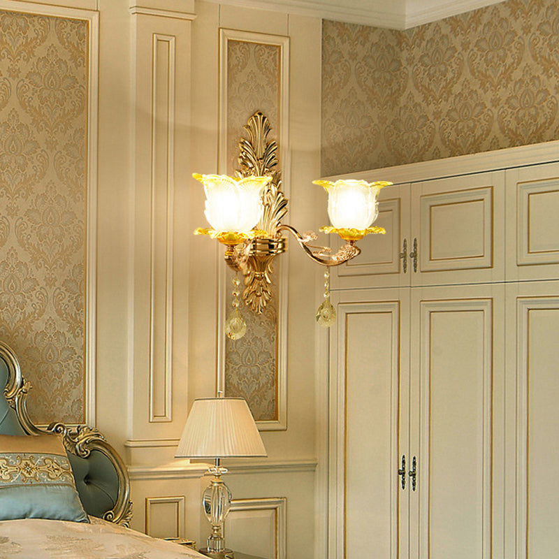 Gold Wall Mount Light Retro Glass Floral Shade Wall Lighting with Hanging Crystal