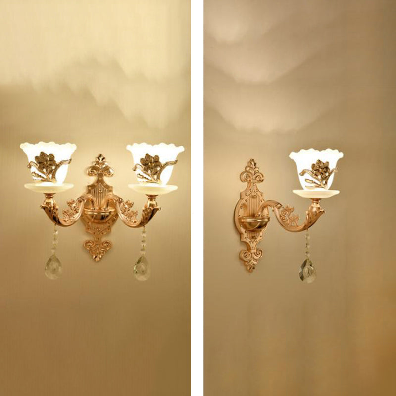 Gold Wall Mount Light Retro Glass Floral Shade Wall Lighting with Hanging Crystal