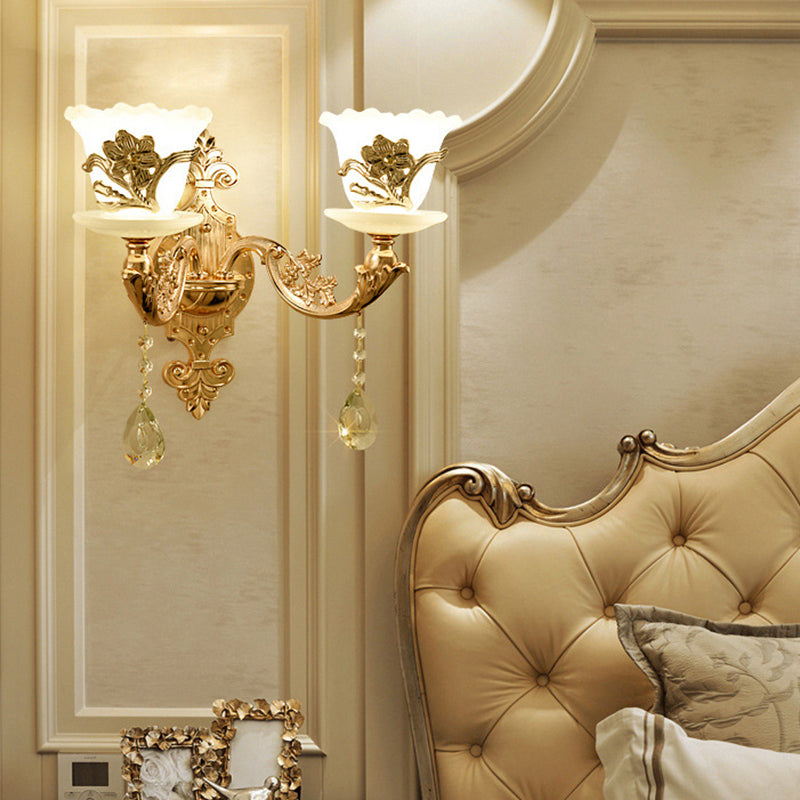 Gold Wall Mount Light Retro Glass Floral Shade Wall Lighting with Hanging Crystal