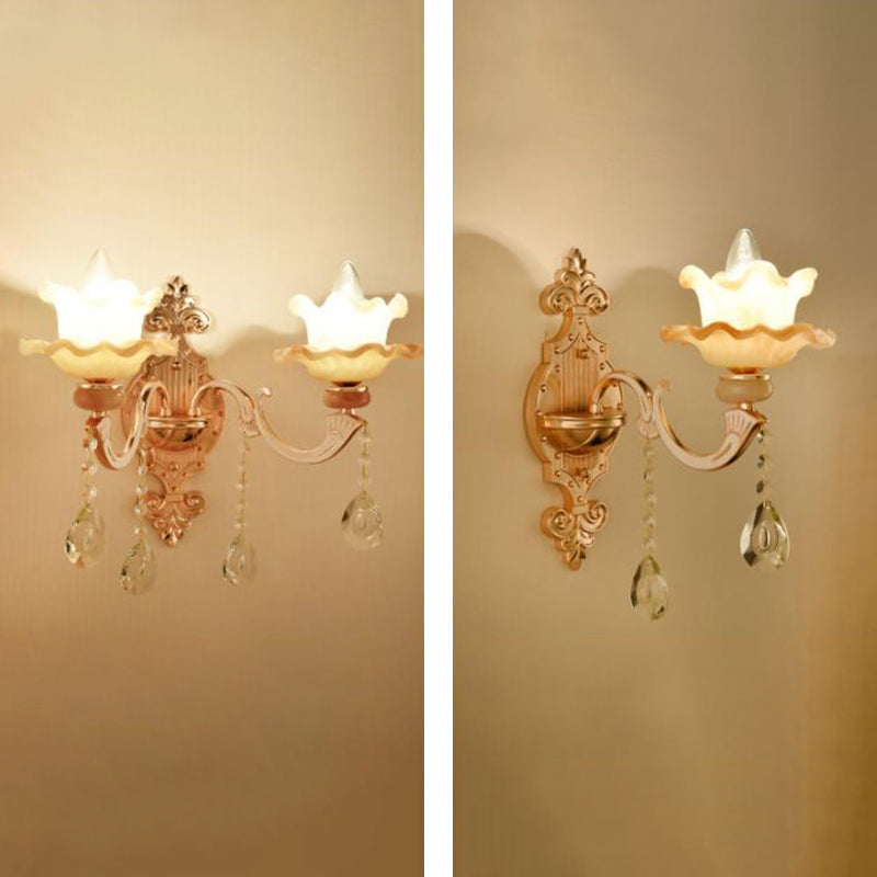 Gold Wall Mount Light Retro Glass Floral Shade Wall Lighting with Hanging Crystal