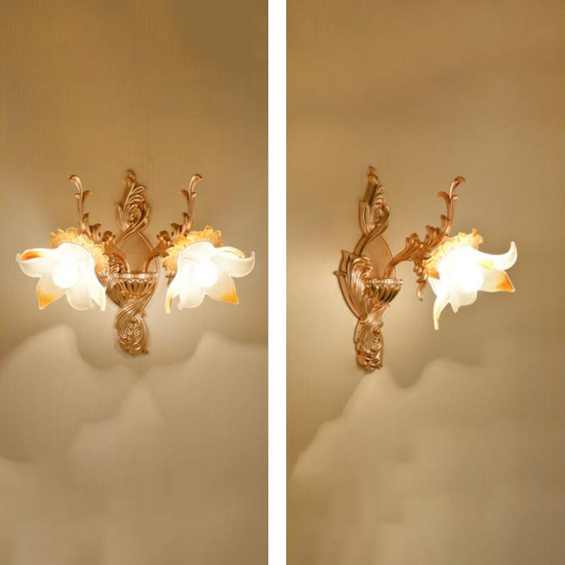 Gold Wall Mount Light Retro Glass Floral Shade Wall Lighting with Hanging Crystal