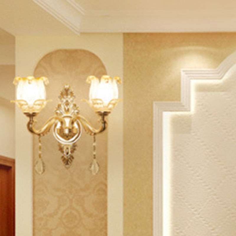 Retro Style Flower Wall Lamp Glass Wall Light Fixture with Crystal Draping in Gold