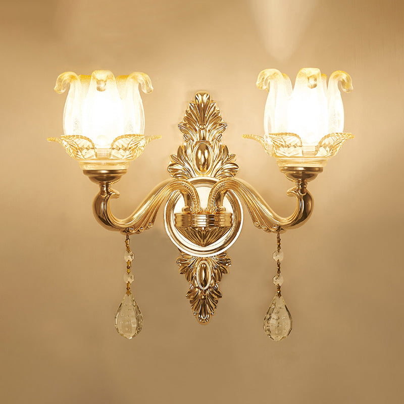 Retro Style Flower Wall Lamp Glass Wall Light Fixture with Crystal Draping in Gold