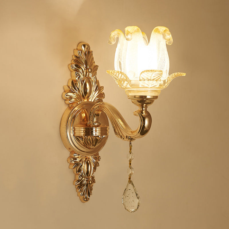 Retro Style Flower Wall Lamp Glass Wall Light Fixture with Crystal Draping in Gold