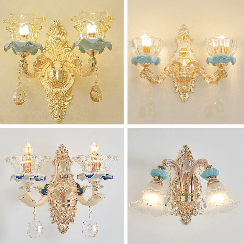 Glass Gold Wall Mount Light Ruffle Flower Retro Wall Lighting with Crystal Draping