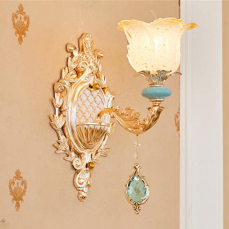 Glass Gold Wall Mount Light Ruffle Flower Retro Wall Lighting with Crystal Draping